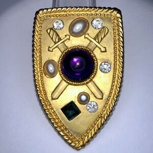 Vintage Park Lane Crossed Swords Shield Gold Tone Faux Amethyst Cabochon Brooch